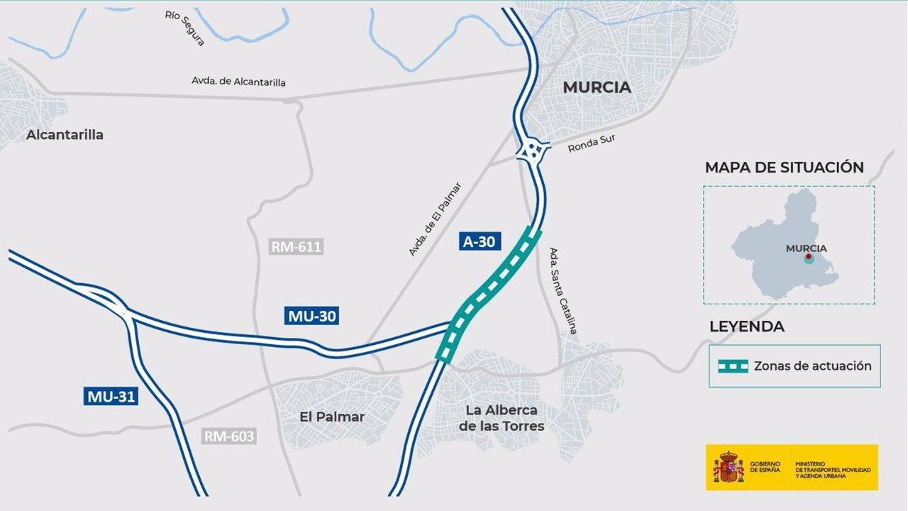 Proyecto de trazado para la mejora de la seguridad y capacidad del ramal de incorporación de la autovía A-30 a la autovía MU-30, en la Región de Murcia (Foto: CARM)
