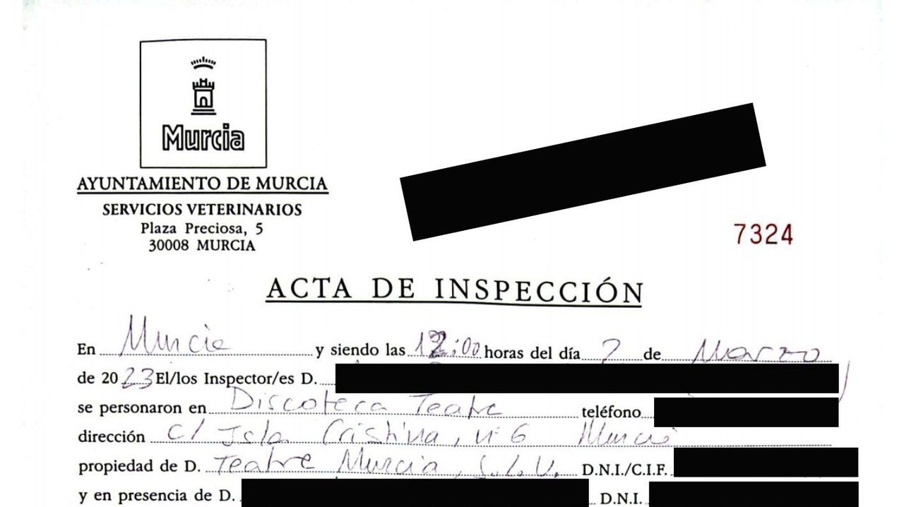 Fragmento del documento de inspección sanitaria del Ayuntamiento de Murcia aportado por Teatre (foto: La 7)