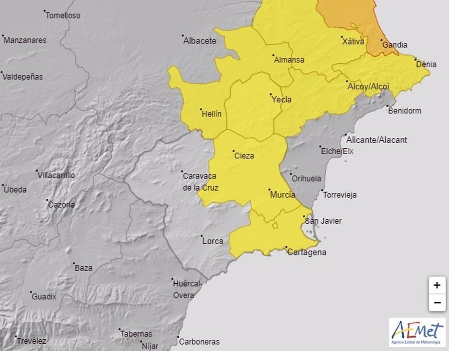 El Altiplano, la Vega del Segura y el Campo de Cartagena están este miércoles en alerta amarilla por lluvias y tormentas (foto: AEMET)